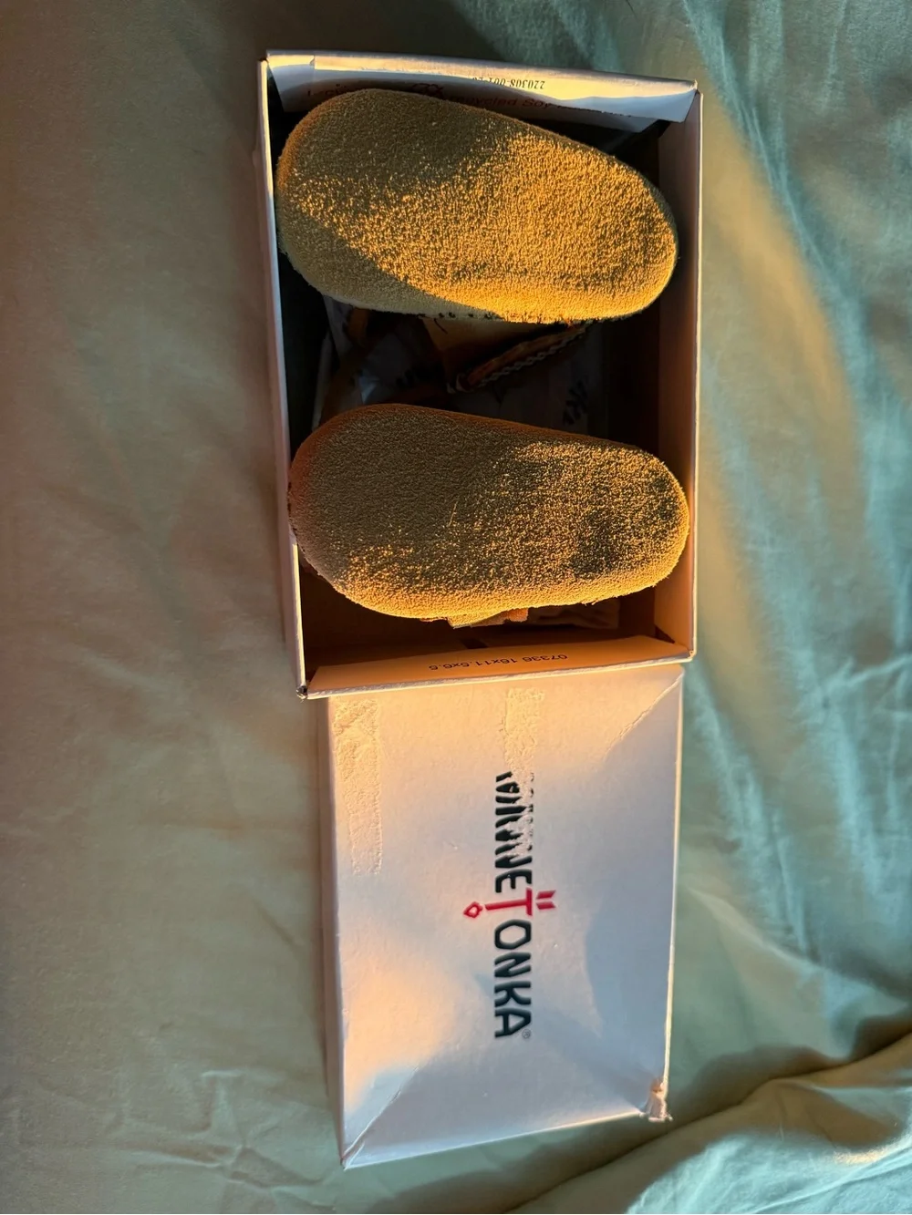 Minnetonka Kids Tan Suede Moccasins with Red, Navy & Cream Braided Trim